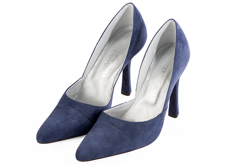 Prussian blue women's open arch dress pumps. Tapered toe. Very high spool heels. Front view - Florence KOOIJMAN